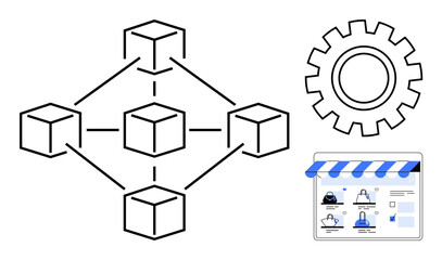 Blockchain network diagram with interconnected nodes, a gear icon, and an online store interface. Ideal for tech, business, e-commerce, digital transactions, blockchain, network infrastructure