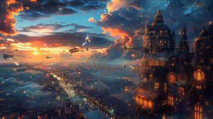 Futuristic city at sunset with flying vehicles and illuminated buildings.