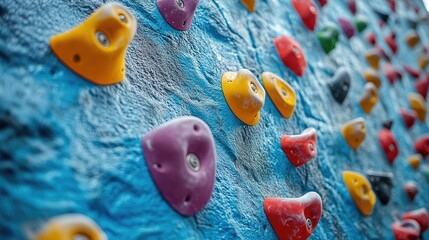 Colorful climbing holds on blue wall.