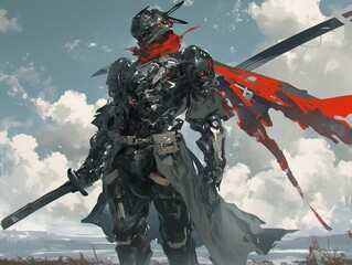 Naklejka premium Futuristic samurai warrior in dark armor with red scarf, standing against cloudy sky.