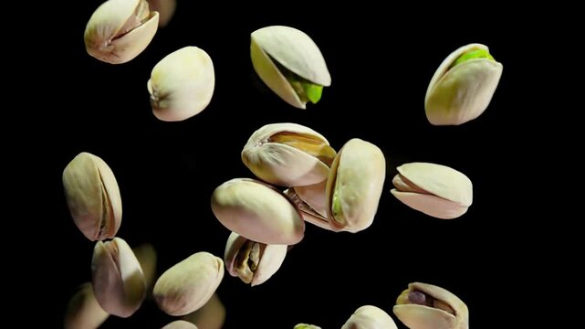Top view of salted pistachios flying up on a black background in super slow motion. High quality 4k footage
