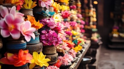 Fototapeta premium Colorful flower offerings arranged on wooden stands at a temple.