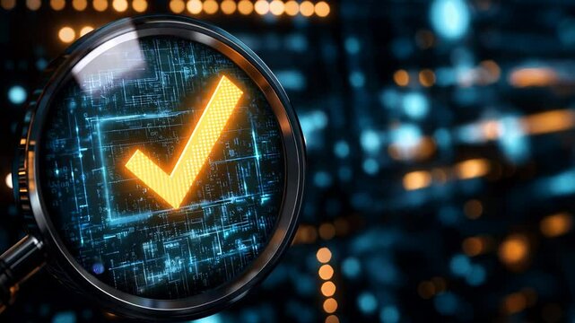 A glowing orange checkmark under a magnifying glass over a digital interface, symbolizing approval, verification, and technological accuracy.