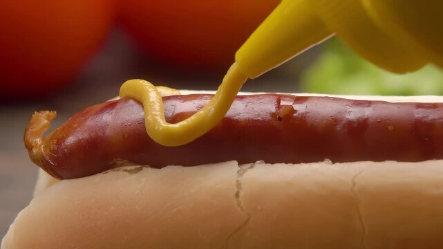 Mustard is poured on hot dog sausages. Close-up. High quality 4k footage