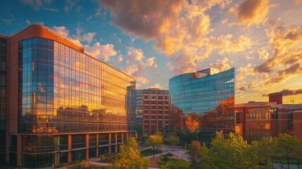 Vibrant sunset reflecting on modern glass buildings and trees.