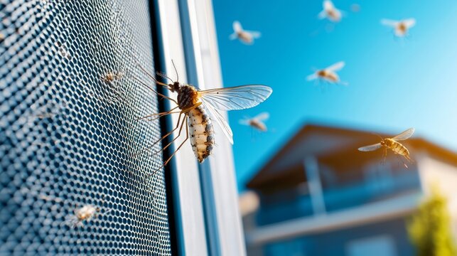 Keeping Mosquitoes at Bay: Swarm outdoors, mosquito screen protection, sunny day, suburban house backdrop