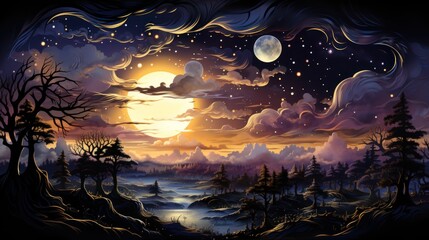 Obraz premium Dreamlike forest landscape, celestial bodies, swirling clouds.