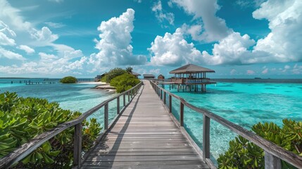 Obraz premium Wooden Pathway Leading to a Tropical Overwater Restaurant