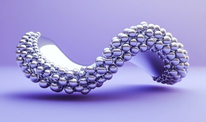 Abstract silver spheres swirling on purple background.