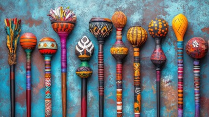 Colorful handcrafted percussion instruments on display.