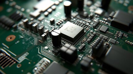 Close-up of a circuit board with a central processor chip.