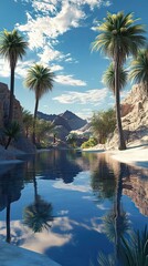 Obraz premium Serene Oasis Reflecting Mountains And Palms