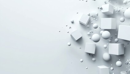Abstract white cubes and spheres on a light gray background.