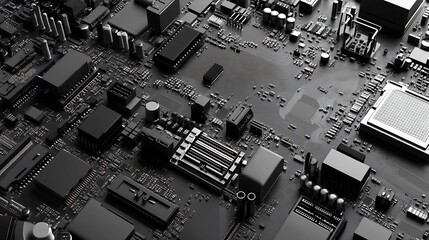 Close-up of a complex black computer motherboard.