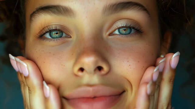 Close-up of a smiling woman's face, highlighting her glowing skin, freckles, and blue eyes, with hands gently framing her cheeks.