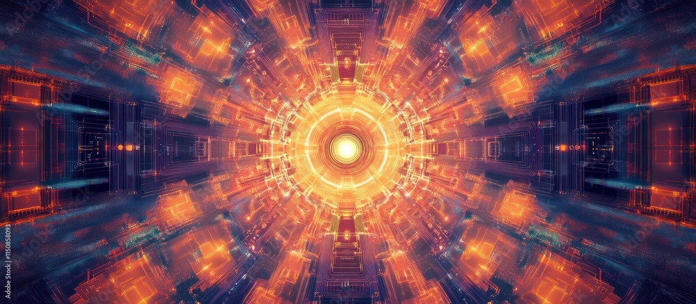 Poster radiant core: a futuristic odyssey of light and technology. journey into a mesmerizing digital realm