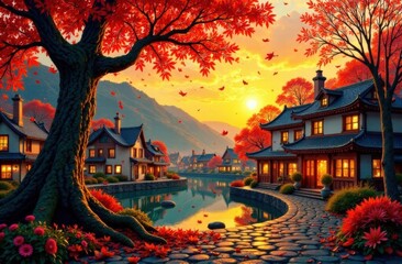 Obraz premium Autumn splendor, cozy city square, golden sunset, cozy houses with warmly lit windows, flying leaves, windy trees