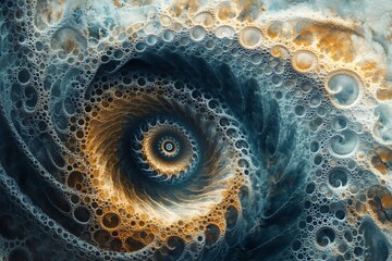 Abstract Cosmic Spiral: A mesmerizing digital artwork depicting a swirling vortex of bubbles and colors, evoking a sense of mystery and wonder.