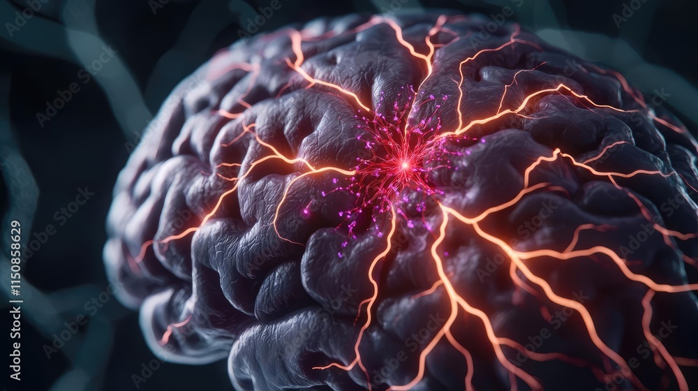 Poster stroke disease idea. close-up view of a human brain with glowing neural connections and dynamic ener
