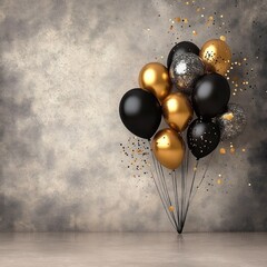 Shimmering Balloons and Confetti on Grunge Wall - Ideal for Birthday, Party or Holiday Card! Space for Text. Futuristic Style 2035.