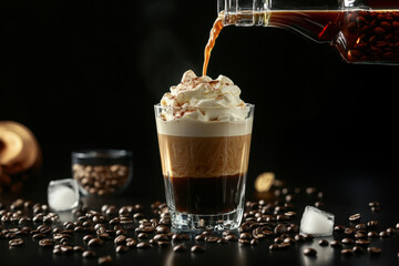 An irish coffee being poured into a glass on a dark background