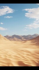 Naklejka premium Sandy desert landscape with distant mountains under a blue sky