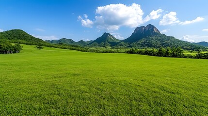 Fototapeta premium Lush Green Landscape with Rocky Mountains Under Blue Sky