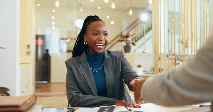 Smile, business woman and shaking hands in interview for hiring, talking or welcome. Team, happy and handshake in office with hr manager for contract agreement, recruitment offer or deal negotiation