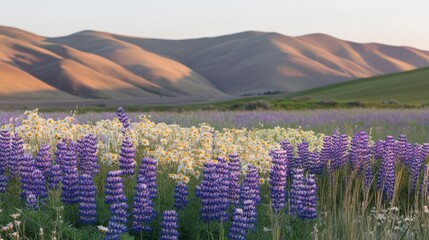 Vivid Field of Purple Lupines and Bright Yellow Wildflowers Under Soft Evening Light with Rolling Hills in the Background