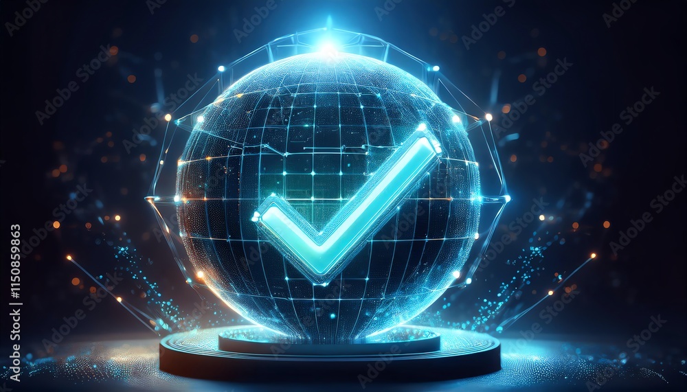Poster a glowing globe with a checkmark symbolizes validation, technology, and global connectivity in a fut