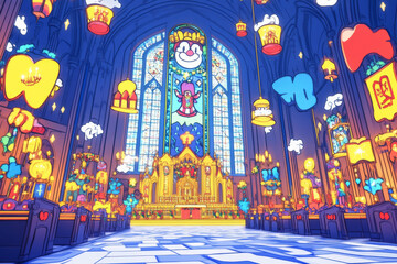 Naklejka premium vibrant, animated interior of grand cathedral featuring colorful stained glass windows, whimsical decorations, and lively atmosphere. scene evokes sense of wonder and joy