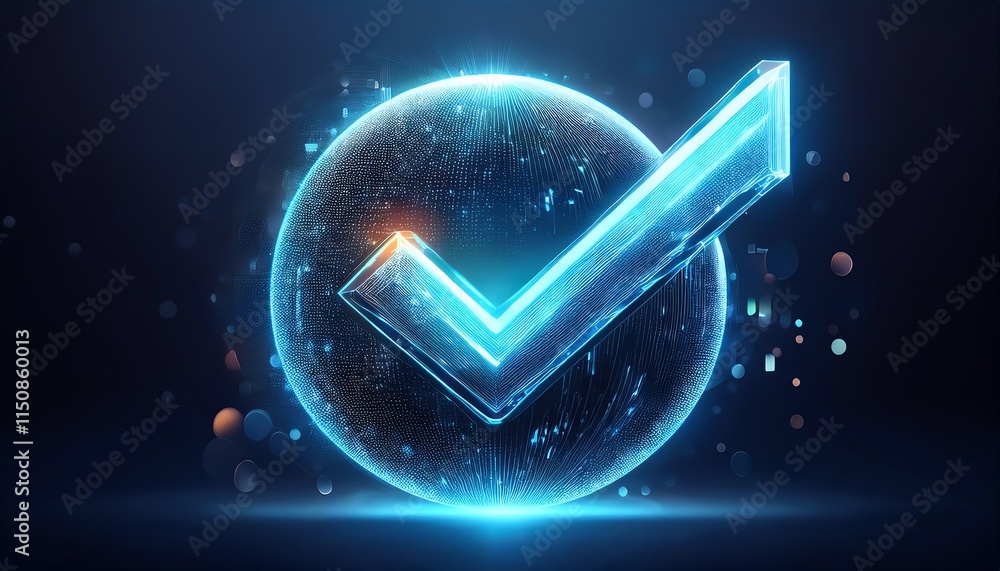 Poster a glowing blue checkmark inside a sparkling sphere, symbolizing approval, verification, or confirmat