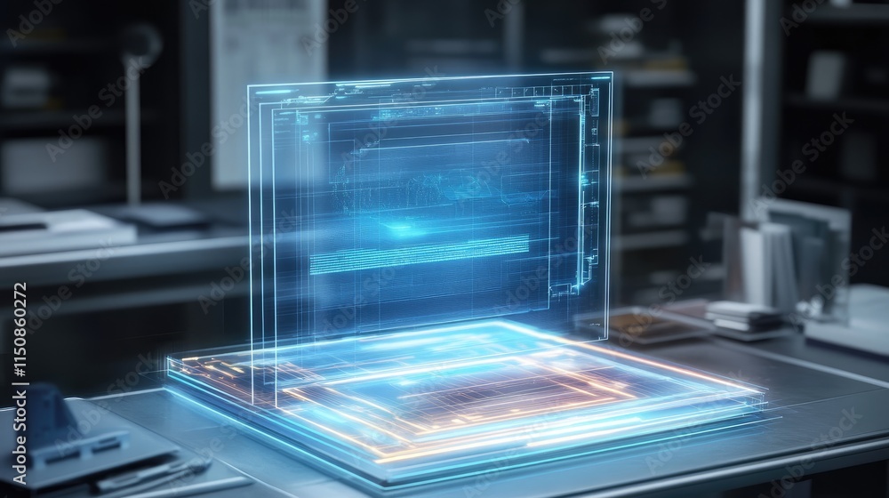 Poster futuristic transparent computer screen in a modern office environment