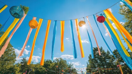 Colorful Festival Decorations with Ribbons and Lanterns Under Blue Sky