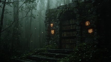 Mystical stone library hidden deep within a fog-shrouded forest.