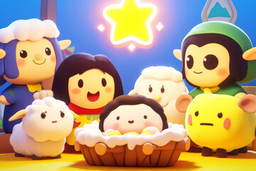 Charming 3D render of baby Jesus surrounded by joyful characters and sheep, evoking warmth and happiness in festive setting. delightful scene full of love and celebration