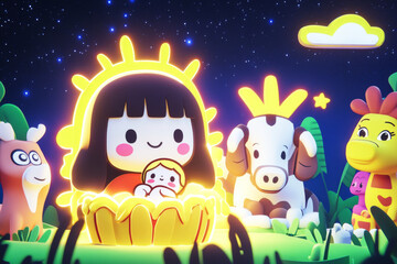 Naklejka premium vibrant 3D render featuring joyful character holding baby, surrounded by cute animals under starry night sky. scene radiates warmth and happiness