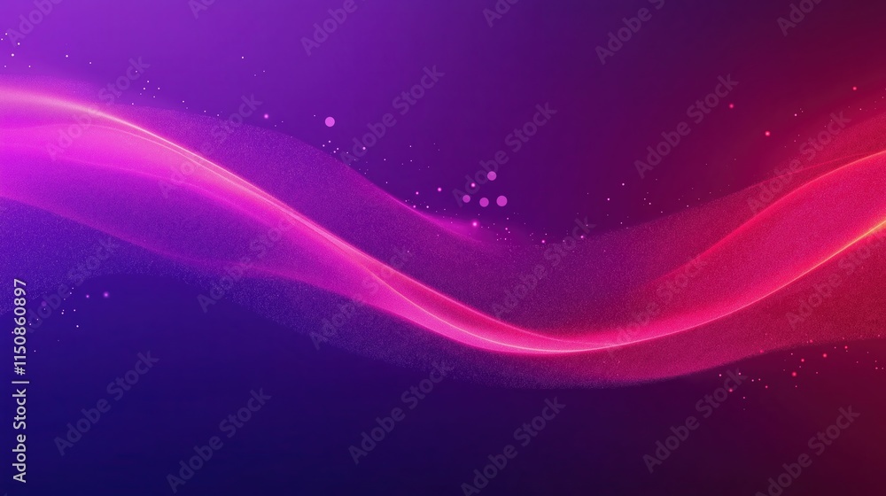Poster abstract particle wave of glowing dots flowing across a vibrant background in purple and red shades 