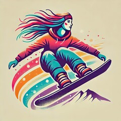 A stylized portrait of Jumping snowboarder from hill in winter. Perfect for logo, poster, avatar, t-shirt design. Colorful cute screen printing effect. Riso print effect.