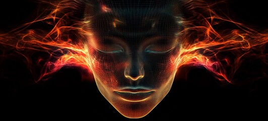 Fiery abstract face with closed eyes, surrounded by energy.