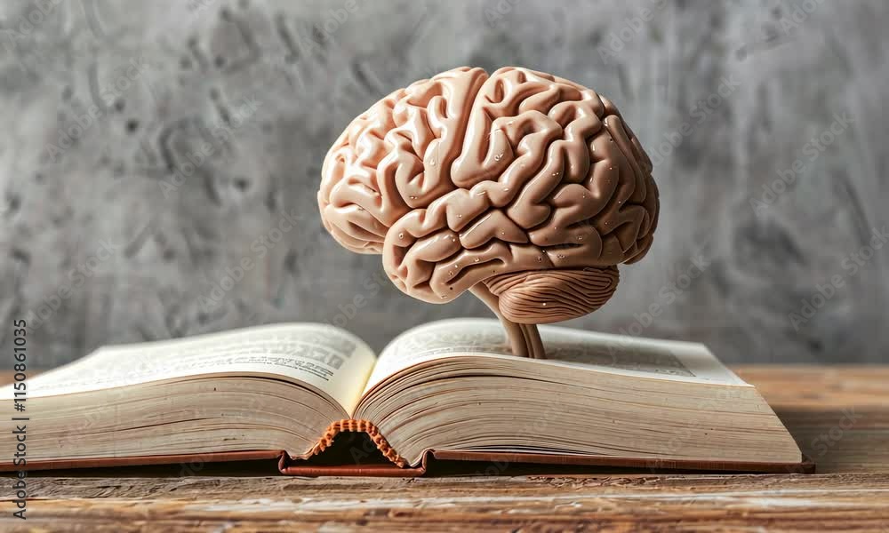 Poster brain model on open book, symbolizing knowledge and learning