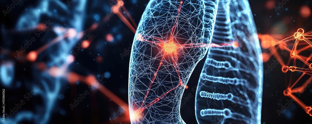 Poster asthma disease idea. visual representation of human lungs with intricate neural connections and data