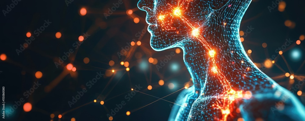 Poster asthma disease idea. abstract representation of human anatomy connecting neural network technology.