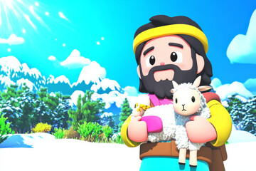 Fototapeta premium colorful 3D render of man holding lamb in snowy landscape, surrounded by trees and mountains. scene conveys warmth and care in vibrant, playful style