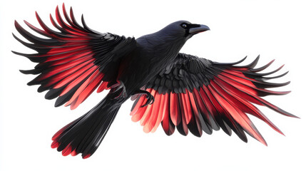 Fototapeta premium A striking depiction of a crimson and black raven, dramatic and fierce, its wings unfurled in a commanding pose