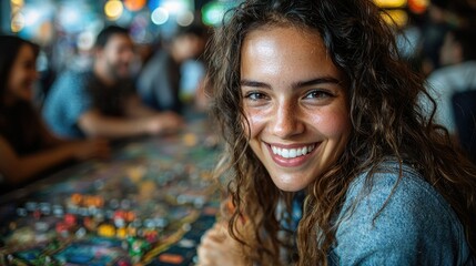 A smiling woman enjoys a board game with friends in a lively setting.