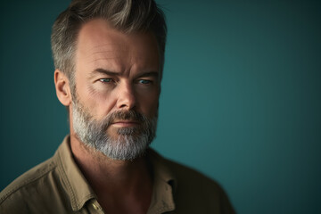 Fototapeta premium Close up of a man with a thoughtful expression on a muted teal background