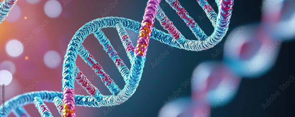 Poster asthma disease idea. detailed view of a dna double helix structure with colorful base pairs and back