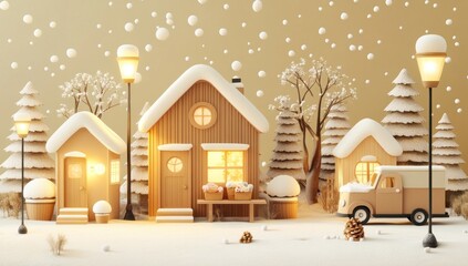 Cozy winter village scene with snow-covered houses, illuminated windows, and a vintage delivery truck.