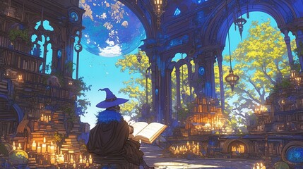 Fototapeta premium Wizard reading ancient book in mystical library with planet view.